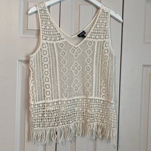 A.N.A. Crop Crochet Knit Fringe Festival Tank Top V Neck BOHO Sz Medium Petite